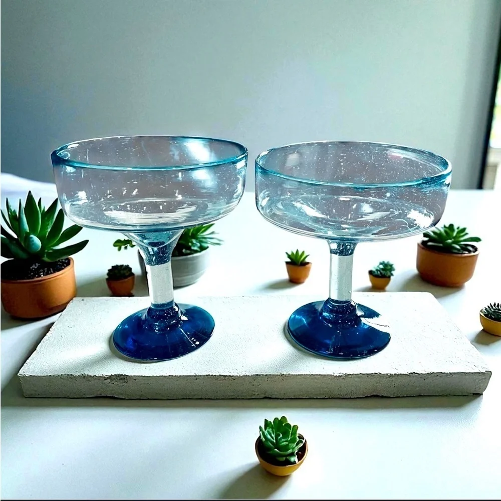 Mexican Hand Blown Glass – Set of 2 Hand Blown Margarita Glasses (16 oz)